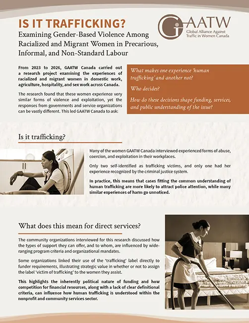 Is it Trafficking? Examining Gender-Based Violence Among Racialized and Migrant Women in Precarious, Informal, and Non-Standard Labour. Report Summary.